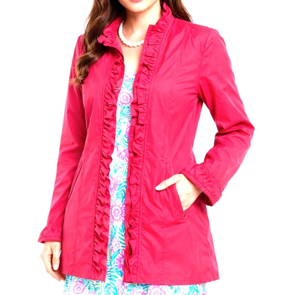 Dennis Basso Pink Ruffle Rain Jacket Windbreaker Cottagecore Coastal M